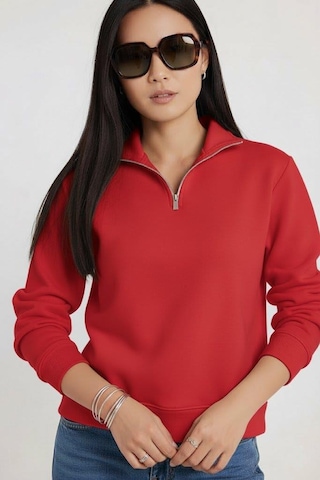 Afri Kadın 3 İplik Şardonlu Yarım Fermuarlı Kırmızı Sweatshirt İçi Pamuklu Kalın Kumaş, Tam Kalıp Rahat Model Kırmızı