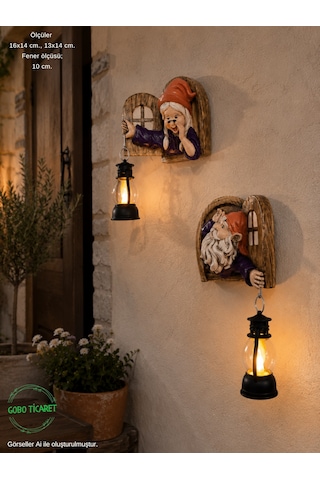 Fenerli Dekoratif Cüce Figürlü Dede Ve Nine 2li Set Duvar Süsü Farklı Renklerde Mor