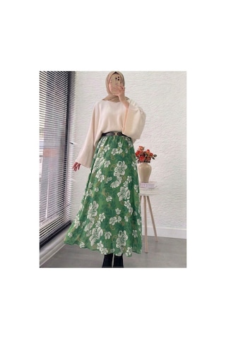 Maşuka Yeşil Floral Desenli Şifon Etek - Astarlı Şık Maxi Etek Yaprak Yeşil - Desenli Yaprak Yeşil - Desenli