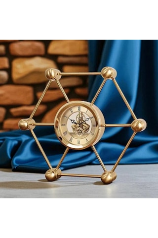Altıgen Moleküler Tasarım Iskelet Mekanizmalı Gold Metal Masa Saati - Çarklı Lüks Ofis Çalışma Masası Aksesuarı Dekoratif Obje
