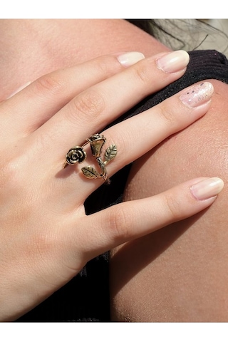Ikili Gül Işlemeli Antik Eskitme Ayarlanabilir Kadın Yüzük Euy9 Sarı