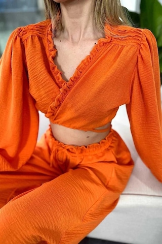 Fashion Cocktail Sahil Beach Tatil Bol Paça Doğal Müslin Kumaş Göbek Açık Crop Pantolon Kadın Takım Turuncu