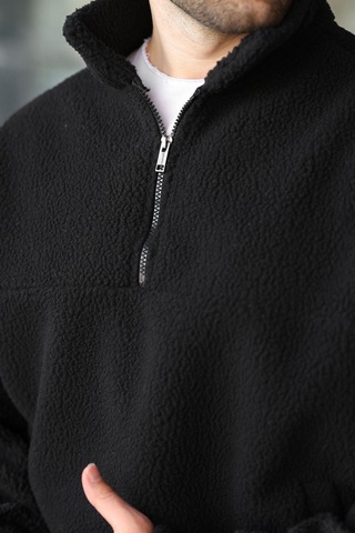 Madmext Siyah Yarım Fermuarlı Dik Yaka Polar Sweatshirt E7165 Siyah