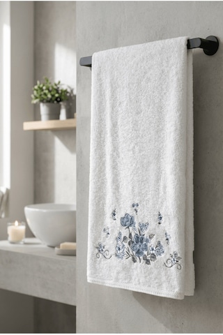 Bambu Pamuk Çiçek Nakışlı 50 X 90 Cm Nakışlı El Havlusu Beyaz