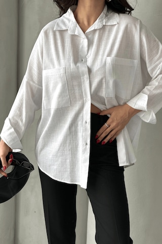 Paw Garage Kadın Harper Çift Cepli Oversize Keten Gömlek, 2025 Summer Collection Beyaz