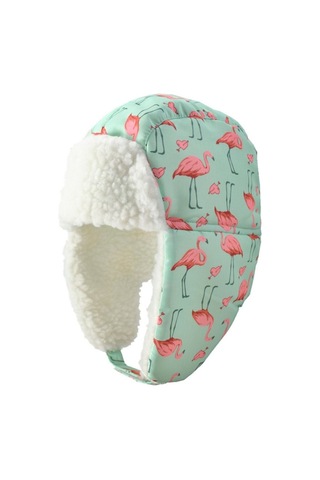 Petityu Su Geçirmez Kız Çocuk Bere Eldiven Set Mint Pembe Flamingo Desenli Kayak Snowboard 4-8 Yaş Mint