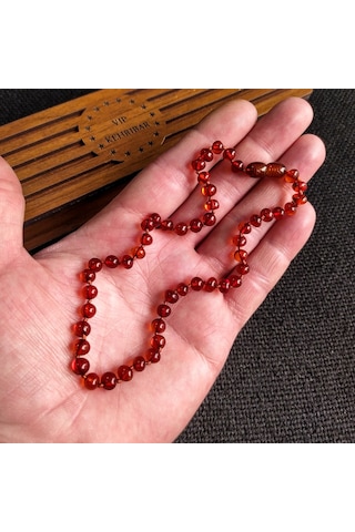 Sertifikalı Konyak Rengi 35 cm Kız Erkek Bebek Diş Kolyesi Mavi