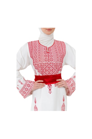 Zaytoon Filistin Nakışlı Modern Beyaz Kaftan Elbise - Geleneksel Şıklık Kırmızı
