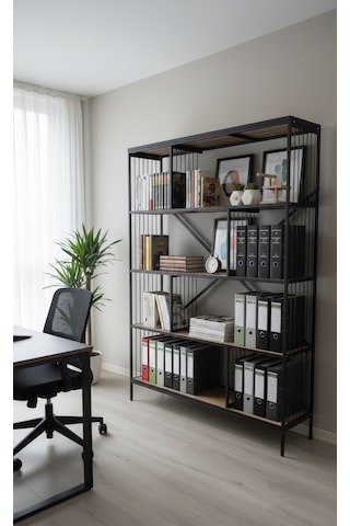 Dekoratif Lüx 5 Raflı Kitaplık Geniş Metal Kitaplık Dosya Rafı Ofis Salon Raf Ceviz Siyah Metal Tel