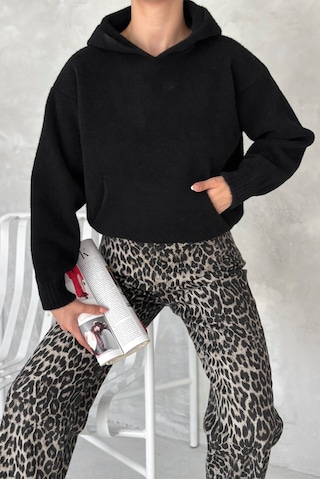 Femelle Kadın Siyah Standart Beden Kapüşonlu Peluş Triko Sweatshirt