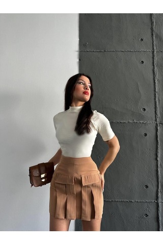 Kadın Camel Kargo Cep Detaylı Pileli Mini Etek-camel Camel
