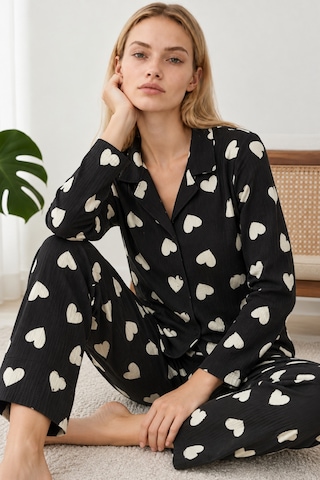 Womanandkids Night Siyah Kadın Kalpli Gömlek Yaka Pijama Takımı 4824