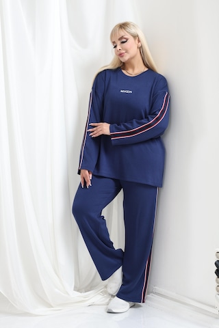 Kadın Büyük Beden Uzun Kollu Şerit Detaylı Oysho Tarzı Modal Kumaş Takım Lacivert