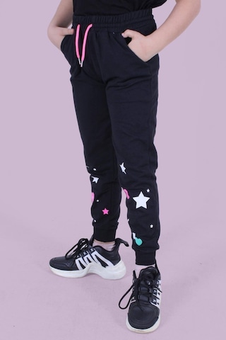 Kalp Ve Yıldız Desen Detaylı Kız Çocuk Siyah Eşofman Altı Siyah