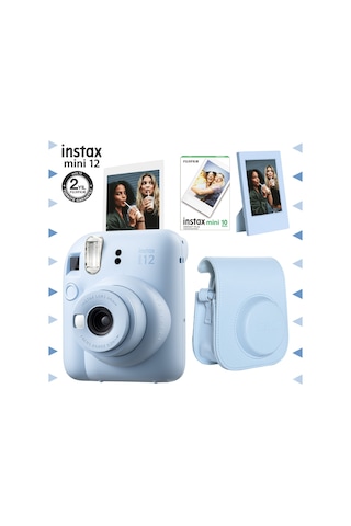 Fujifilm Instax Mini 12 Fotoğraf Makinesi + 10'lu Film + Çerçeve + Deri Kılıf Seti Mavi