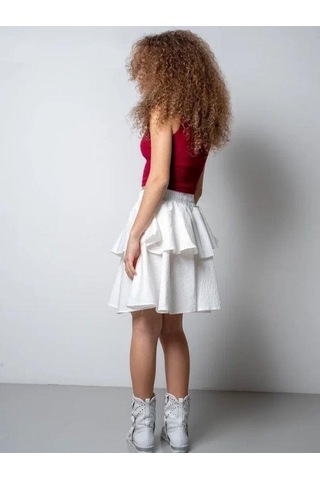 Kız Çocuk Poplin Beli Lastikli Kat Kat Tasarım Etek-15807 Beyaz