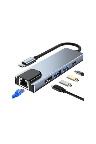 Type-c Hub Ethernet Hdmi Usb Aktarım Hızı Usb C Hub 5 İn 1 Usb Çoğaltıcı Hub C Rj45+ 4k Hdmı Uyumlu + 2 Usb + 87w