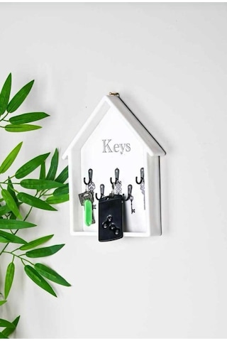 Beyaz Kapı Yanı Home Keys Anahtarlık Dekoratif Desenli 5 Askılı Siyah