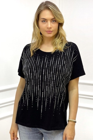 Rich Glam Bol Kesim Bisiklet Yaka Büyük Beden Crystal Taşlı Kadın T-shirt Siyah