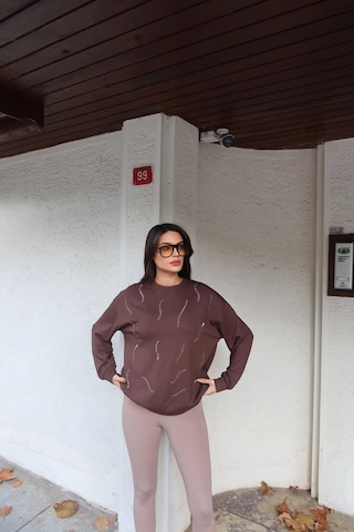 Cemo Günlük Uzun Kollu Bisiklet Yaka Basic Bluz/sweatshirt Kahve