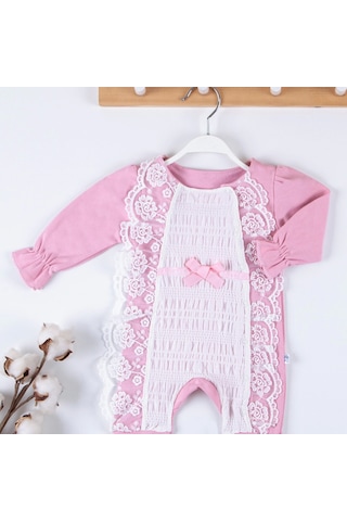 Candar 3-9 Ay Kız Bebek Tulumu Gofra Fransız Güpürlü Pembe Pembe