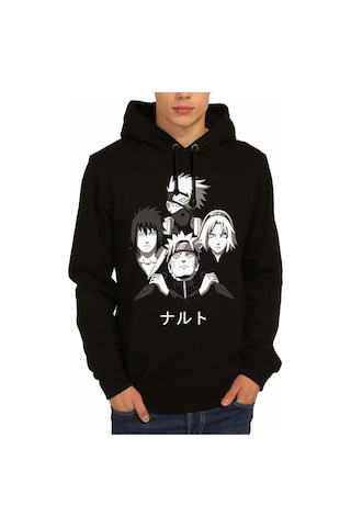 Bant Giyim - Naruto Team 7 Siyah Kapşonlu Erkek Sweatshirt