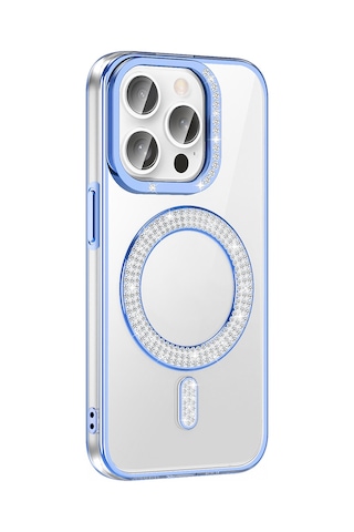 Apple Uyumlu iPhone 14 Pro Max Kılıf Pırlanta Taş Tasarımlı M-safe Şarj Özellikli Zore Karetta Silikon Kapak Mavi
