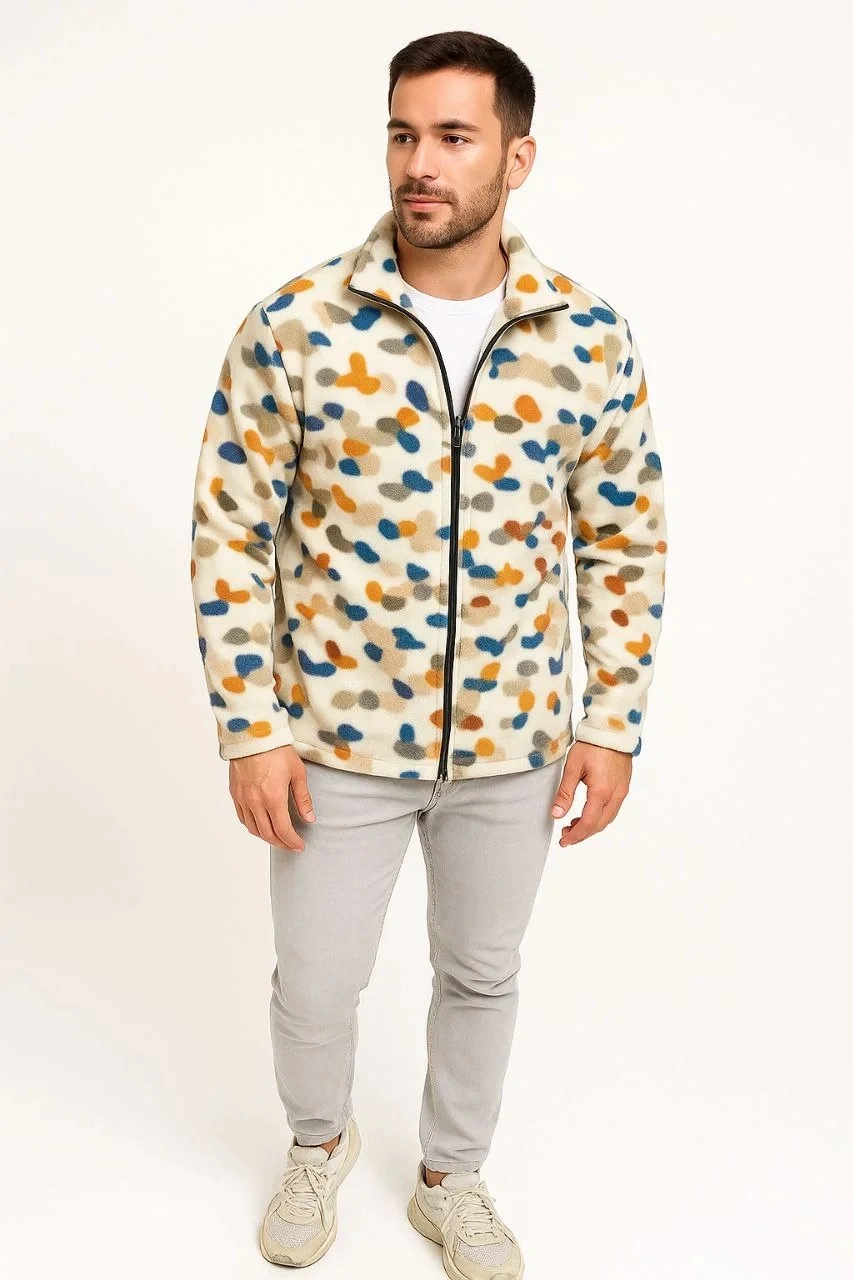 Erkek Tam Fermuarlı Desenli Polar Sweat Siyah Multicolor Figür Desen Yakalı, Uzun Kollu, Oversize Beyaz