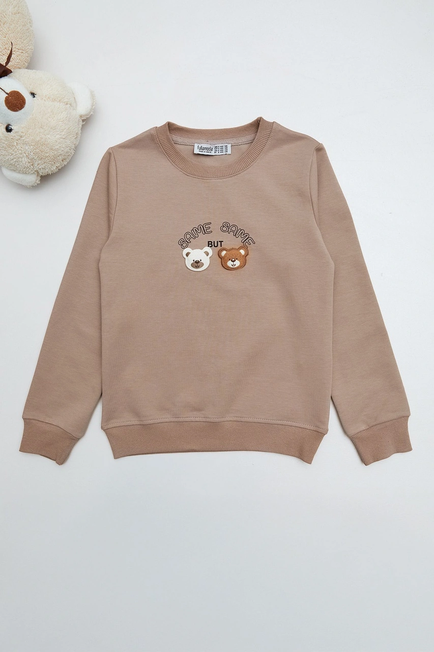 Ayıcık Nakışlı Bisiklet Yaka Kız Çocuk Sweatshirt 25mcck4784132931-vizon Vizon