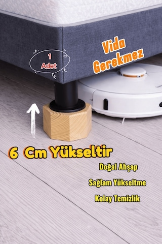 Robot Süpürge İçin Doğal Ahşap Koltuk Baza Yükseltici, "6 Cm Yükseltir" Oyuklu Takoz 1 Adet