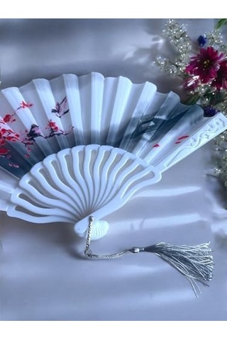 Japon El Yelpazesi, Kiraz Çiçeği Desenli, Beyaz, Püsküllü