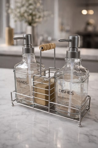 Makri Home Lüks Cam Ikili Sıvı Sabunluk & Deterjanlık Seti-500 Ml Cam Sabunluk, Bambu Kulplu Metal Stantlı Siyah