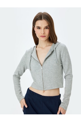 Koton Kapüşonlu Fermuarlı Crop Sweatshirt Gri Melanj 5wak10079ek Gri Melanj