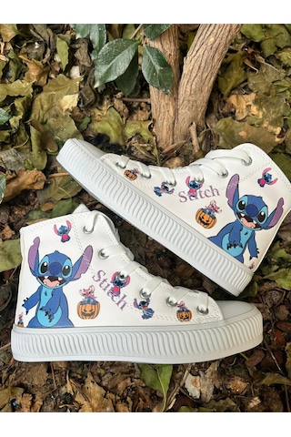 Scarpe Magiche Kız Çocuk Stitch Baskılı Günlük Spor Ayakkabı Sevimli Karakter Desenli Beyaz