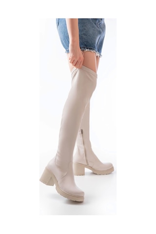 Bej Streç Günlük Kalın Topuklu Kadın Çizme Bej