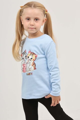 Toontoy Kız Çocuk Regular Fit Bisiklet Yaka Baskılı Sweatshirt - Tk24803 Mavi