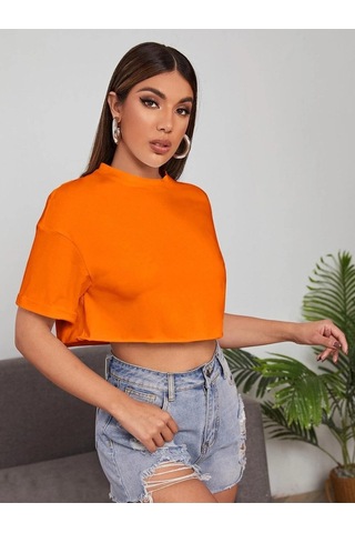 Flood Of Style Kadın Turuncu Bisiklet Yaka Oversize Crop T-shirt