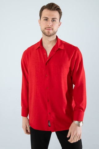 Rahat Kesim Keten Dokulu Gömlek Kırmızı
