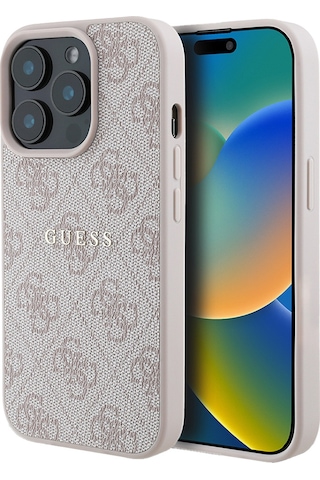 Apple Uyumlu iPhone 14 Pro Max Kılıf Guess Lisanslı Magsafe Şarj Özellikli 4g Desen Yazı Logolu Kapak Pembe