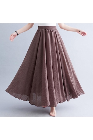 Yaz Sonbahar Kadın Etek Edebi Büyük Boy Pamuk Keten Yarım Etek Elastik Bel Keten A-line Etek Uzun Bölüm Saf Renk Rüzgar Salıncak Etek Derin Pembe Koyu Pembe