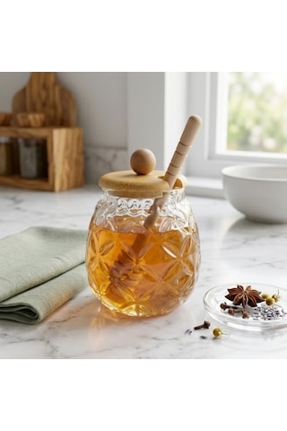 Bambu Kapaklı Cam Bal Kavanozu 350ml Kaşıklı & Şık Sunum Kavanozu Doğal Ahşap Kapaklı Cam Bal Saklama Kabı 7009
