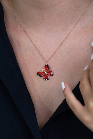 Gümüş Kırmızı Mineli Kelebek Kolye Wsn269