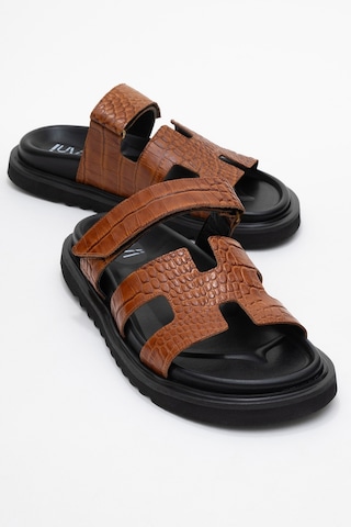 Luvishoes Luvi Shoes Loana Taba Baskı Hakiki Deri Kadın Terlik Taba