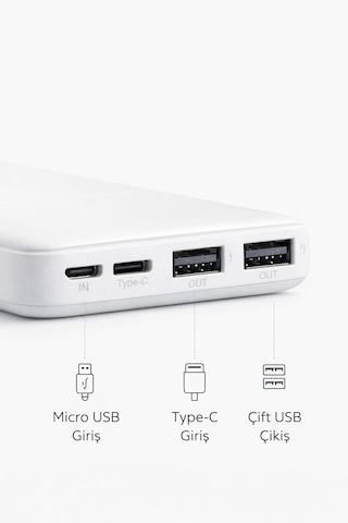 10000 Mah Powerbank Hızlı Şarj Led Göstergeli Çift Usb Type-c Girişli Taşınabilir Şarj Cihazı Beyaz