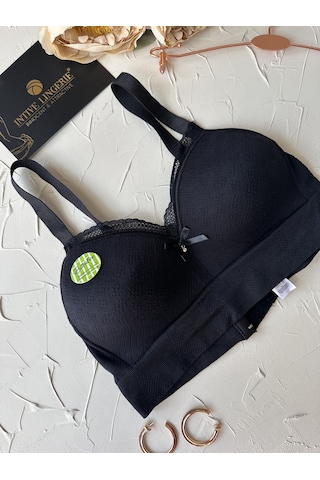 Celine C Cup Bambu Hisli Ultra Rahat Polamid Kumaştan Dokulu Dant Siyah
