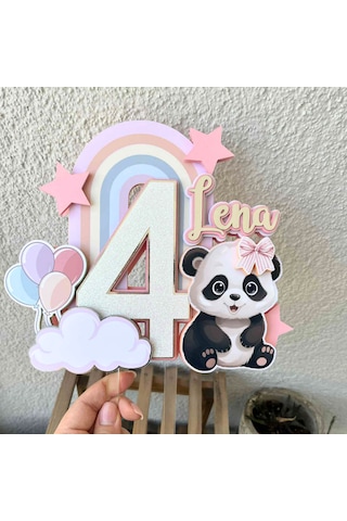 Panda Temalı Kız Çocuk Doğum Günü İsme Özel 3d Pasta Parti Süsü Cake Topper Çocuk