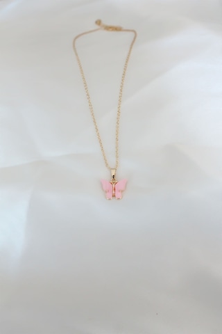 Gold Kaplama Pembe Sedefli Kelebek Kolye Altın - Beyaz