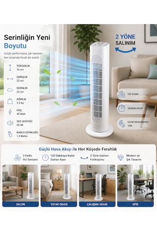 45w Kule Tipi Vantilatör Beyaz 76 Cm, 2 Yöne Salınımlı, Zaman Ayarlı Sessiz Vantilatör