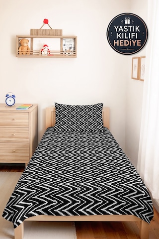 Siyah Geometrik Zigzag Genç Odası Tek Kişilik Pike Takımı - Modern 160x220 Cm Kapitone Yatak Örtüsü Mistik Şafak Serinliği