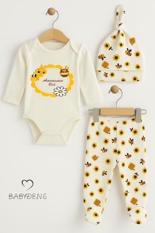 Babyden's Amcasının Balı Baskılı Yenidoğan Bebek Takımı 3 Lü Set Pamuklu Zıbın, Patikli Alt Ve Şapka Unisex Ekru